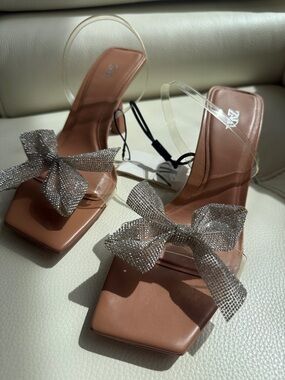 Zara Crystal Bow Clear Strap‎ Sandals in Tan